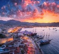 Aerial view of boats and yahts and beautiful architecture at sunset Royalty Free Stock Photo