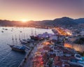 Aerial view of boats and yahts and beautiful architecture at sunset Royalty Free Stock Photo