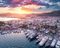 Aerial view of boats and yahts and beautiful architecture at sunset Royalty Free Stock Photo