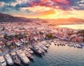 Aerial view of boats and yahts and beautiful architecture at sunset Royalty Free Stock Photo