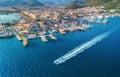 Aerial view of boats, yahts, floating ship and architecture Royalty Free Stock Photo