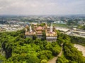 Aerial view of bodhisattva architecture and double sky dragon in Chau Thoi pagoda, Binh Duong province, Vietnam in the afternoon Royalty Free Stock Photo