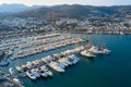 Aerial view of Bodrum city bay with many yachts and boats on a pear. Sea and town landscape of Milta marina in Turkey Royalty Free Stock Photo