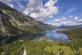 Aerial view on Bohinj lake between mountains with forest in Slovenia, Europe Royalty Free Stock Photo