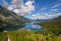 Aerial view on Bohinj lake between mountains with forest in Slovenia, Europe Royalty Free Stock Photo