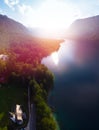 Aerial view of the Bohinj lake. Travel and tours concept. landscape ot the Triglav national park, summer forest and the church of Royalty Free Stock Photo