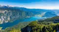 Aerial view of Bohinj lake from Vogel cable car station. Mountains of Slovenia in Triglav national park. Julian alps landscape. Bl