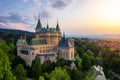 Aerial view of Bojnice medieval castle, UNESCO heritage in Slovakia. Romantic castle with gothic and Renaissance elements built in Royalty Free Stock Photo