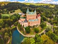 Aerial view of Bojnice medieval castle, UNESCO heritage in Slovakia Slovakia landscape travel. concept. Romantic castle. Royalty Free Stock Photo