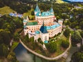 Aerial view of Bojnice medieval castle, UNESCO heritage in Slovakia Slovakia landscape travel. concept. Romantic castle. Royalty Free Stock Photo