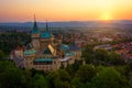 Aerial view of Bojnice medieval castle, UNESCO heritage in Slovakia at sunrise Royalty Free Stock Photo