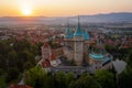 Aerial view of Bojnice medieval castle, UNESCO heritage in Slovakia at sunrise Royalty Free Stock Photo