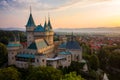 Aerial view of Bojnice medieval castle, UNESCO heritage in Slovakia at sunrise Royalty Free Stock Photo