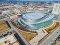 Aerial view of the Bok Center and Tulsa cityscape