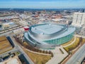 Aerial view of the Bok Center and Tulsa cityscape