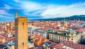 Aerial view of Bologna Cathedral and towers above of the roofs of Old Town in medieval city Bologna Royalty Free Stock Photo