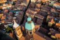 Aerial view of Bologna, Italy at sunset. Colorful sky over the historical city center and old buildings Royalty Free Stock Photo