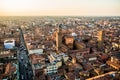 Aerial view of Bologna, Italy at sunset. Colorful sky over the historical city center and old buildings Royalty Free Stock Photo