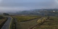 Aerial view, Bordeaux vineyard, landscape vineyard and fog at sunrise Royalty Free Stock Photo