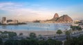 Aerial view of Botafogo, Guanabara Bay and Sugar Loaf Mountain with a pink sunset - Rio de Janeiro, Brazil Royalty Free Stock Photo