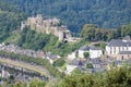 Aerial view Bouillon with medieval castle along river Semois in Royalty Free Stock Photo