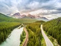 Aerial view of Bow river among canadian Rockies Mountains, Banff National Park, Alberta, Canada Royalty Free Stock Photo