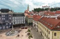 Aerial view of Bratislava old town: Bratislava Castle, Main Square and St. Martin`s Cathedral