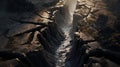 Dramatic Octane Render: Cracked Wasteland Waterfall In Top-down Perspective