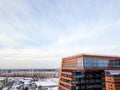 Aerial view of the on the bridge connecting the two buildings of academpark technopark of the Novosibirsk Academic Township -