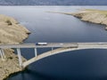 Aerial view of the bridge of the island of Pag, Croatia, road. Cliff overlooking the sea.