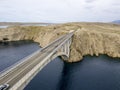 Aerial view of the bridge of the island of Pag, Croatia, roads and Croatian coast. Cliff overlooking the sea Royalty Free Stock Photo