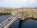 Aerial view of the bridge of the island of Pag, Croatia, roads and Croatian coast. Cliff overlooking the sea Royalty Free Stock Photo