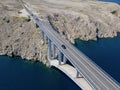 Aerial view of the bridge of the island of Pag, Croatia, roads and Croatian coast. Cliff overlooking the sea Royalty Free Stock Photo