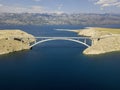 Aerial view of the bridge of the island of Pag, Croatia, roads and Croatian coast. Cliff overlooking the sea Royalty Free Stock Photo