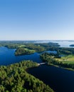 Aerial view on the bridge over the lake. Blue lakes, islands and green forests from above on a sunny summer morning. Royalty Free Stock Photo