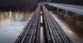 Aerial view of a bridge and railway crossings over the Yadkin River in Linwood, North Carolina