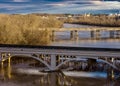 Aerial view of a bridge and railway crossings over the Yadkin River in Linwood, North Carolina