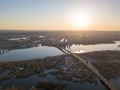 Aerial view on kiev city at sunset. The north bridge over the Dnieper River Royalty Free Stock Photo