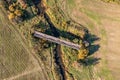 Aerial view of bridge to nowhere. An old bridge in Latvia never getting ready. Sati, Latvia