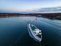 Aerial view of the Bridgeport and Port Jefferson ferry leaving for Connecticut from Long Island, NY