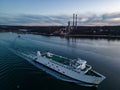 Aerial view of the Bridgeport and Port Jefferson ferry leaving for Connecticut from Long Island, NY