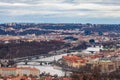 Aerial view of bridges over Vltava river and cityscape of Prague