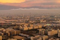 Aerial view of bridges and roads in Osaka downtown. Skyline with skyscraper buildings in Kansai district, urban city, Japan.