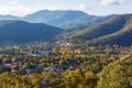 Aerial view of Bright - small town in Australian countryside. Fa