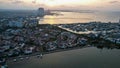 Aerial view of the Bright spring cityscape of Pluit port. Colorful sunset view of Jakarta, Indonesia. Beautiful Jakarta seascape.