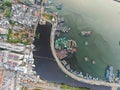 Aerial view of the Bright spring cityscape of Pluit port. Colorful sunset view of Jakarta, Indonesia. Beautiful Jakarta seascape.