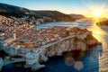 Aerial view of a bright sunrise over the old town of Dubrovnik, Croatia Royalty Free Stock Photo