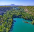 Aerial view of the waterfalls on the Brljan lake in canyon of Krka River Royalty Free Stock Photo