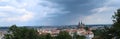 Aerial view of Brno city with dark cumulus clouds above. The rain and storm is comming. Petrov, Cathedral of St. Peter and Paul.