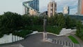 Aerial view of Bronze statue The First Swallows at sunset in Vilnius, Lithuania